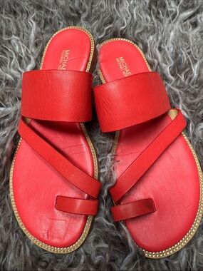 Michael Kors Sea Coral Leather Toe-Loop Slide Sandals with Gold Stud Trim